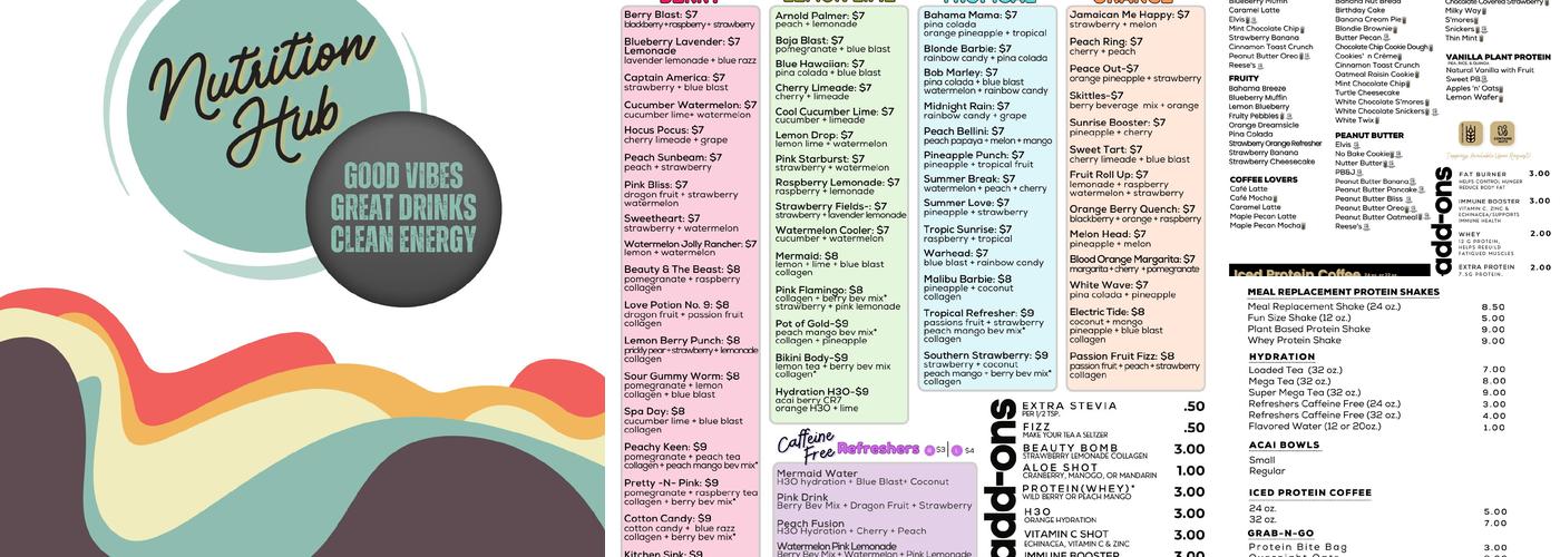 Acai Bowls, Hydration, Energy Drinks, Protein Shakes, Overnight Oats Menu