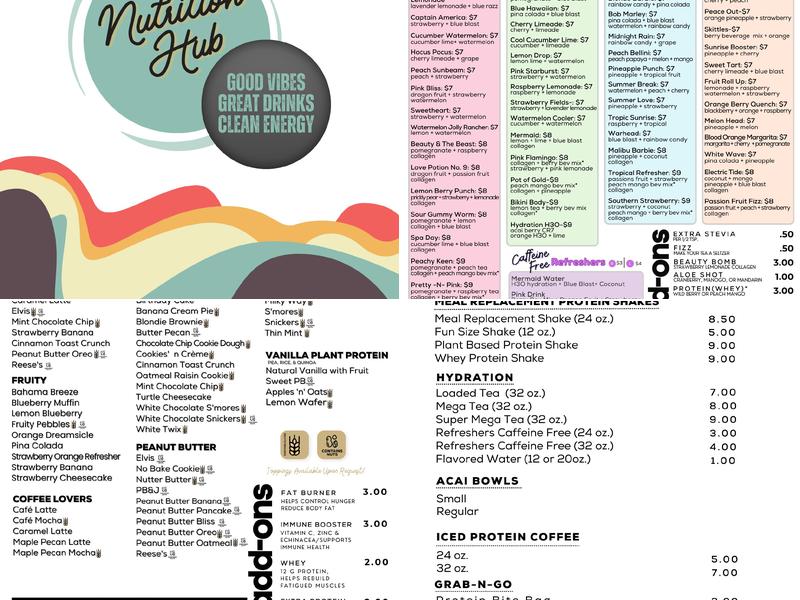 Acai Bowls, Hydration, Energy Drinks, Protein Shakes, Overnight Oats Menu