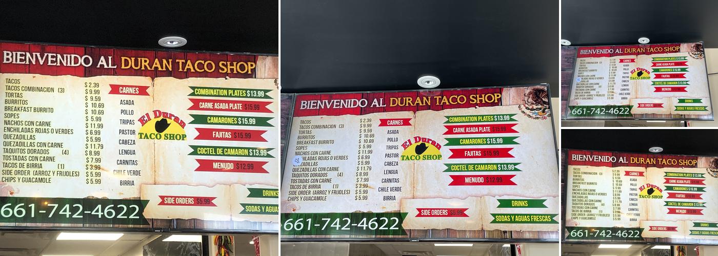 El Duran Taco Shop Menu