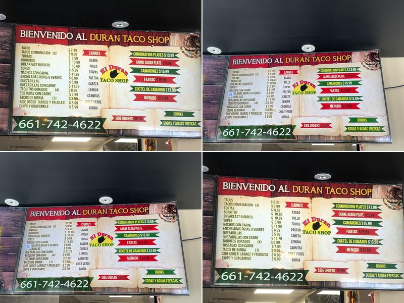 El Duran Taco Shop Menu