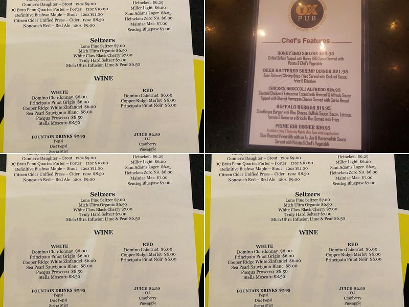 Ox Pub Menu