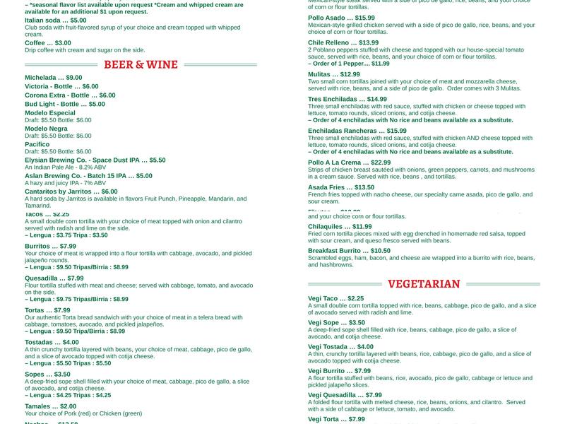 Tecalitlán Mexican Restaurant Menu
