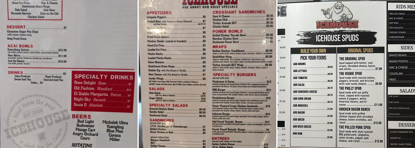 Icehouse Restaurant and Bar Menu