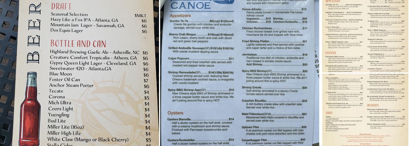 Bleu Canoe Menu