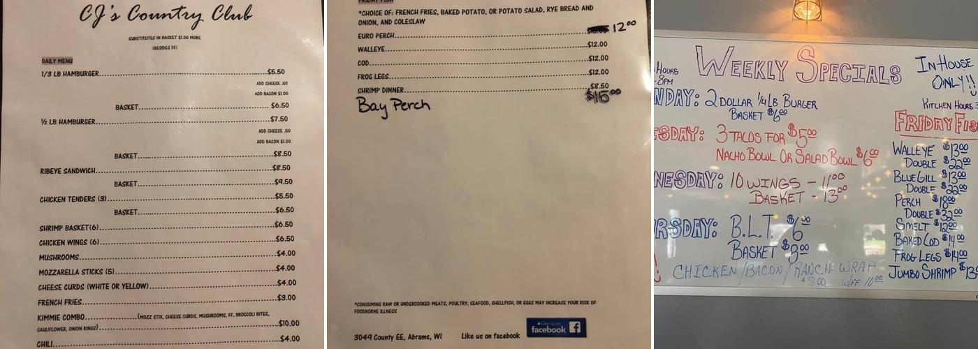 CJ's Country Club Menu