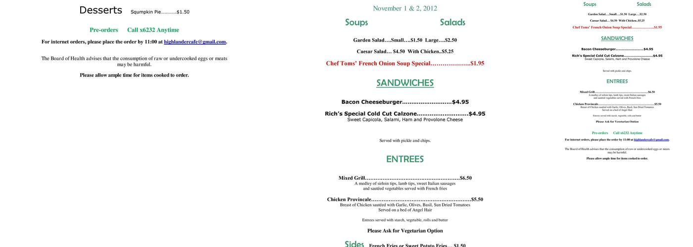 Highlander Café Menu
