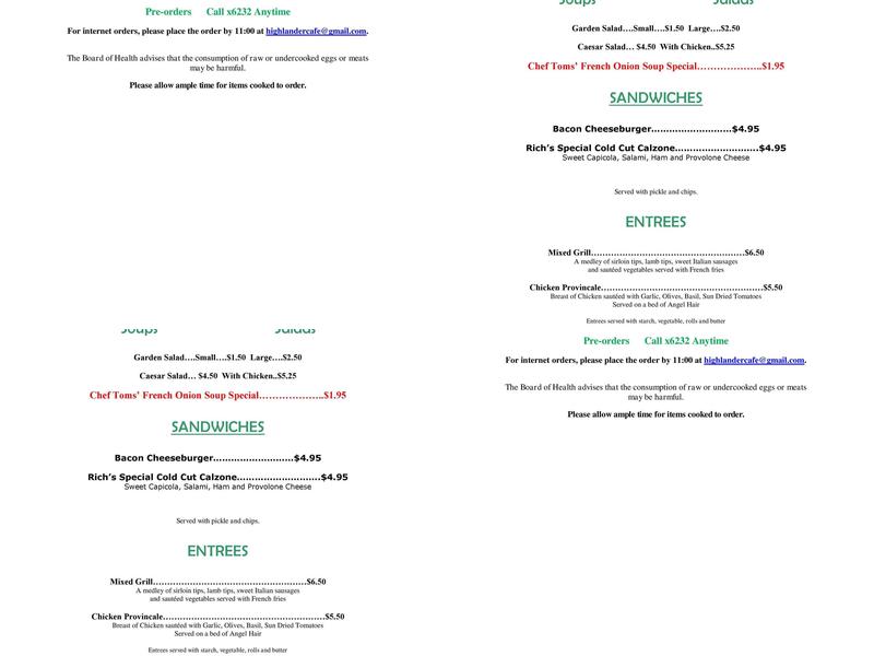 Highlander Café Menu