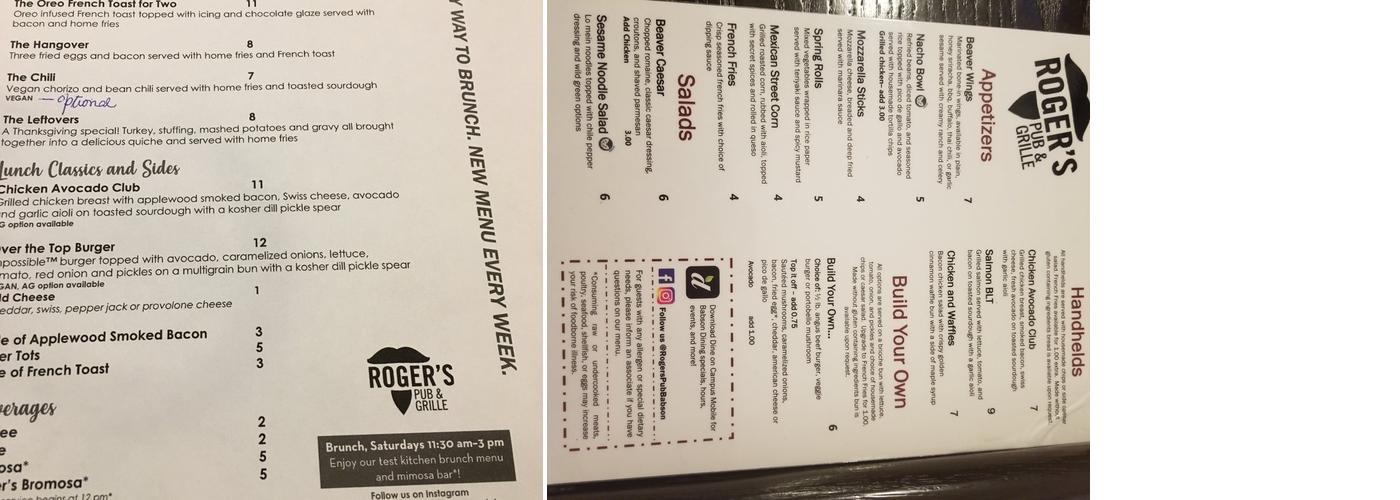 Roger’s Pub Menu
