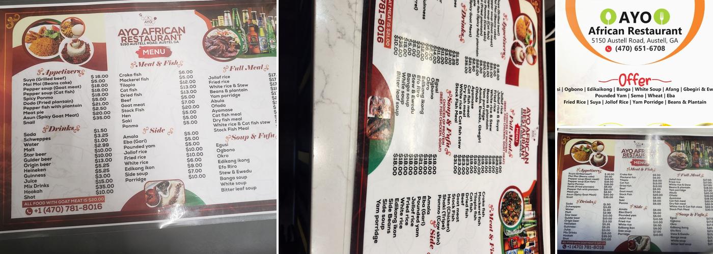 Ayo African Restaurant bar and lounge Menu