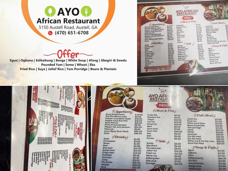 Ayo African Restaurant bar and lounge Menu