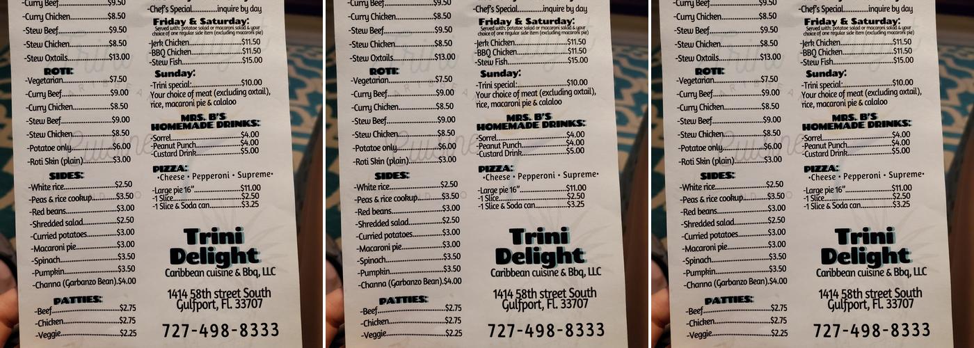 Trini Delight Caribbean Cuisine and BBQ Menu