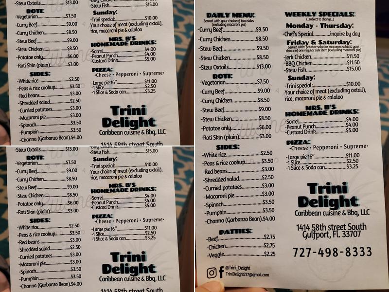 Trini Delight Caribbean Cuisine and BBQ Menu