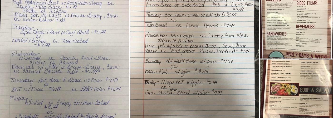 T&J's Corner Cafe Menu