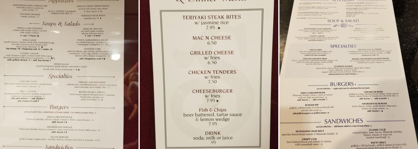 Shilo Restaurant Ocean Shores Menu