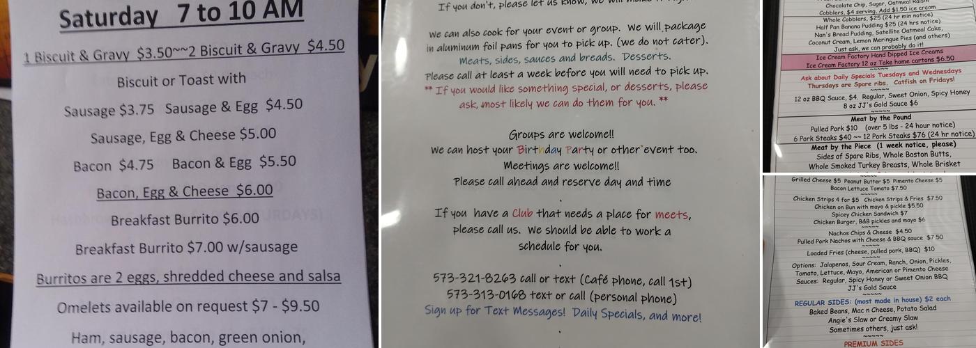 JJ's Roadside Cafe Menu