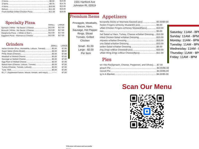 Bella Pizza Menu