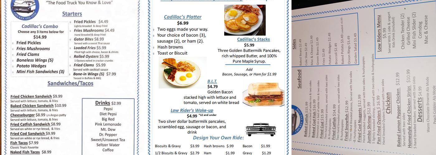 Cadillac’s Chicken and Fish Menu