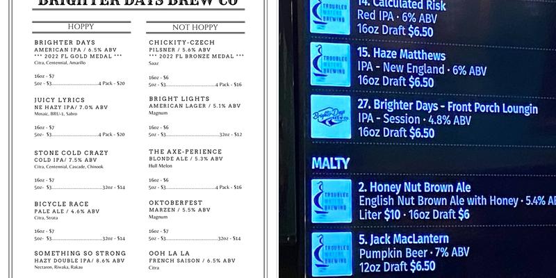 Brighter Days Brewing Company Menu
