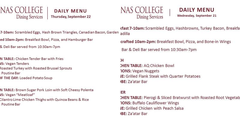 Faculty Staff DINING Room Wege Menu
