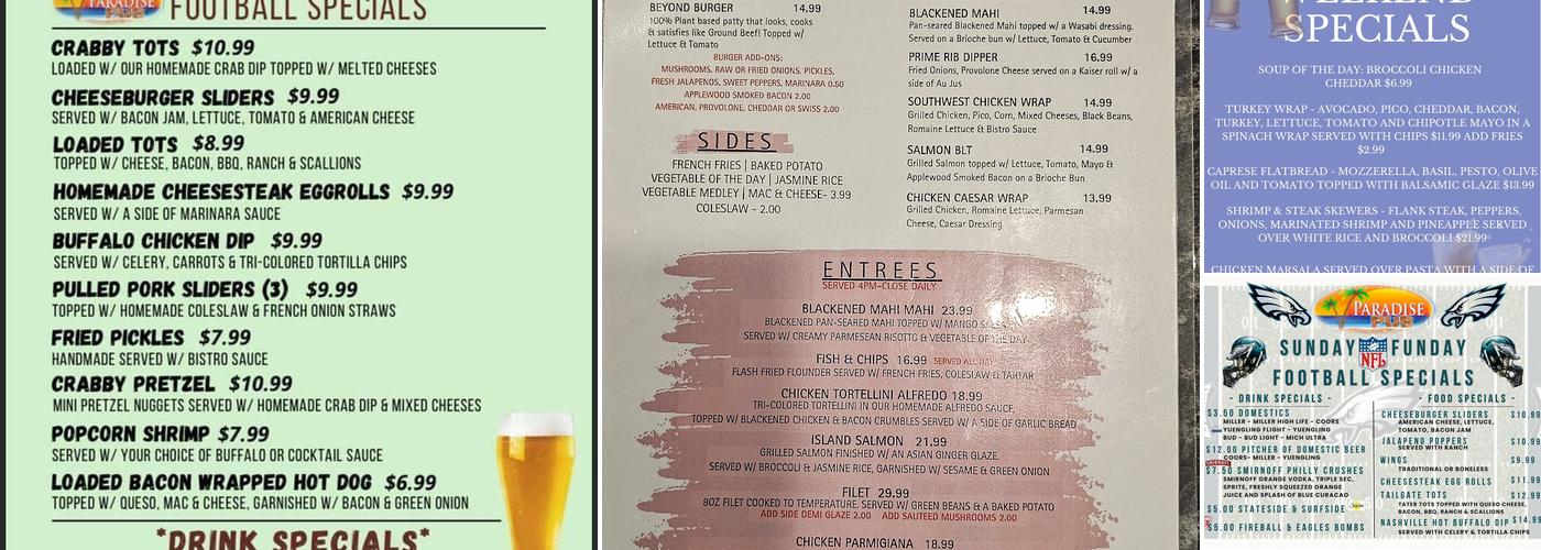 Paradise Pub Menu