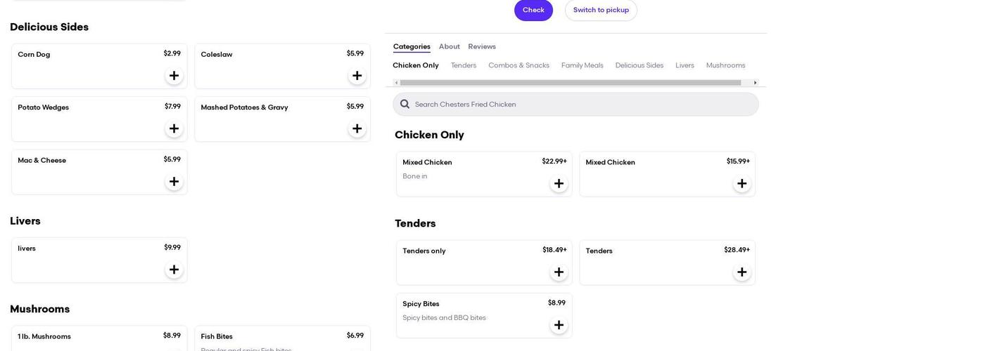 Chesters fried chicken Menu