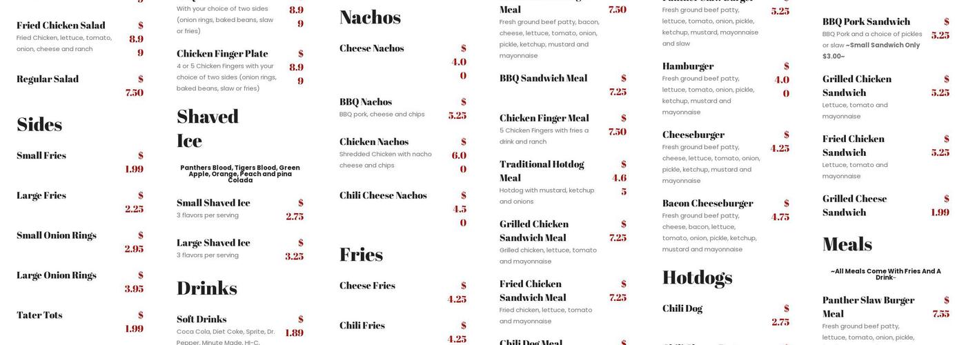 Panther Cafe Menu