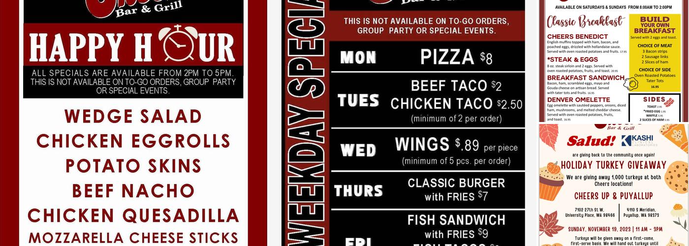 Cheers Bar & Grill South Hill Menu