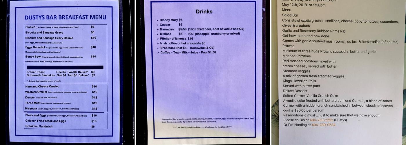 Dusty's Bar Menu