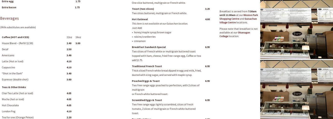 Fezziwig's Artisan Bakery-Cafe at Okanagan College Menu