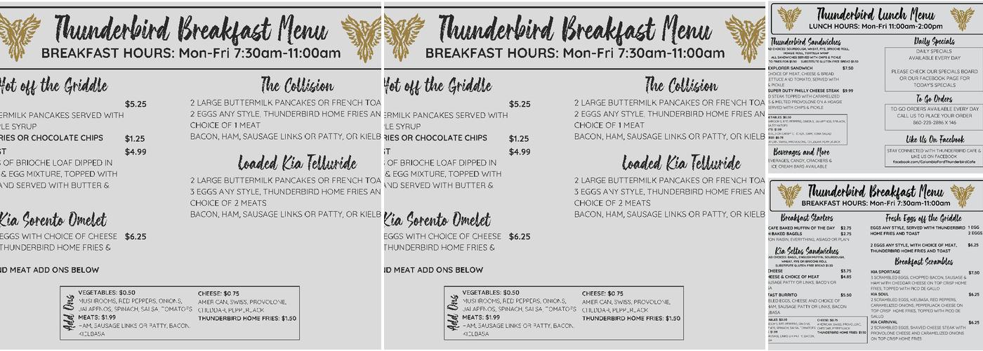 Thunderbird Cafe Menu