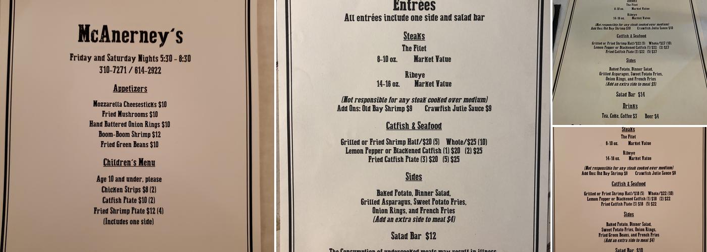 McAnerneys Menu