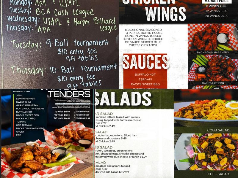 Racks Billiards Sports Bar & Grill Menu