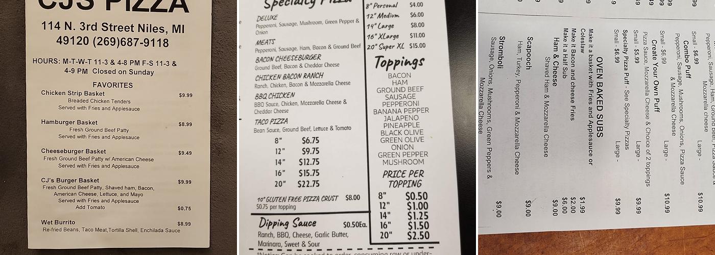 CJS Pizza Menu