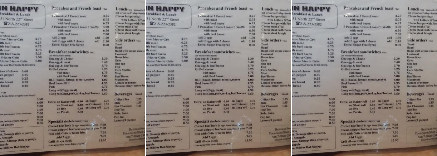 Sun Happy Breakfast Menu