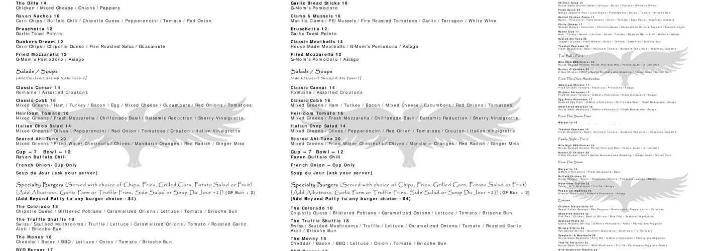 The Raven Restaurant and Bar at Three Peaks Menu