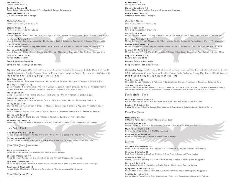 The Raven Restaurant and Bar at Three Peaks Menu