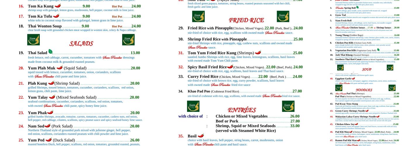 Siam paradise Menu