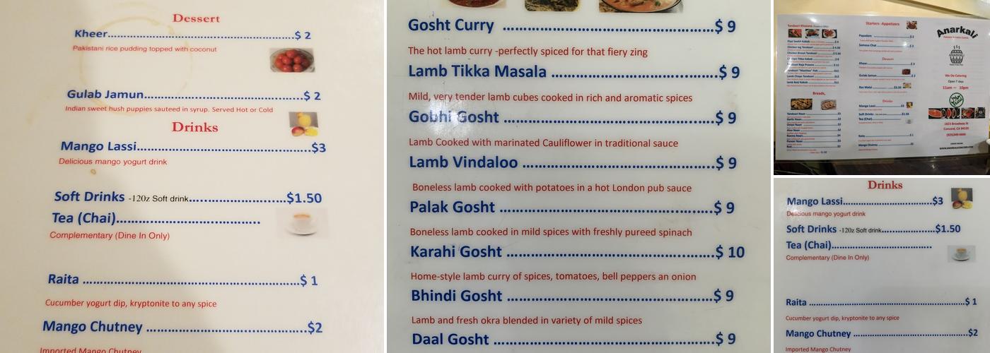 Anarkali Halal Restaurant Menu