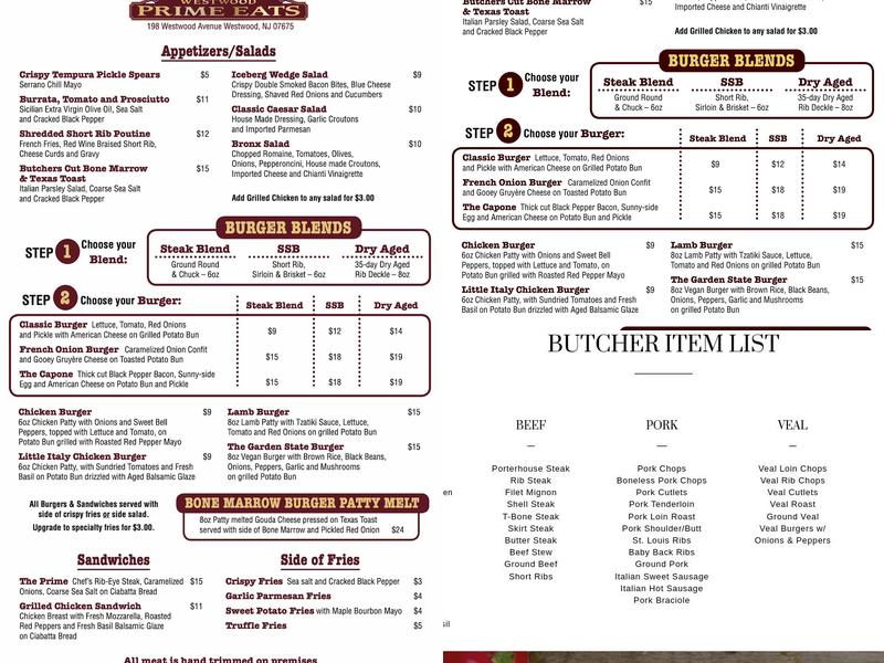 Westwood Prime Eats Menu