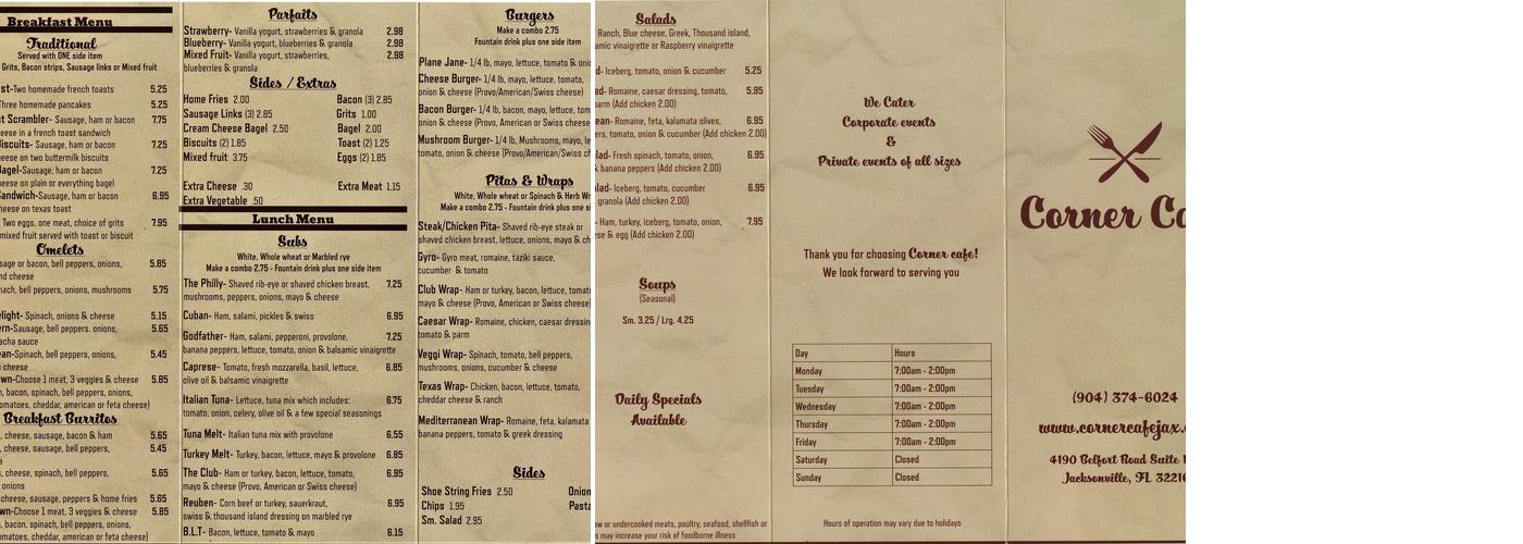 Corner Cafe Menu
