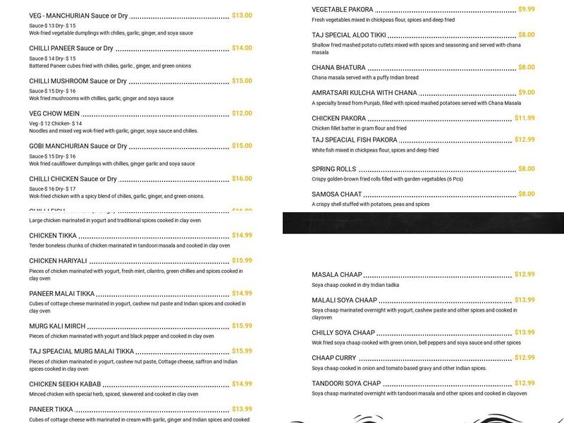 Grand Taj - Fine Indian Cuisine Menu