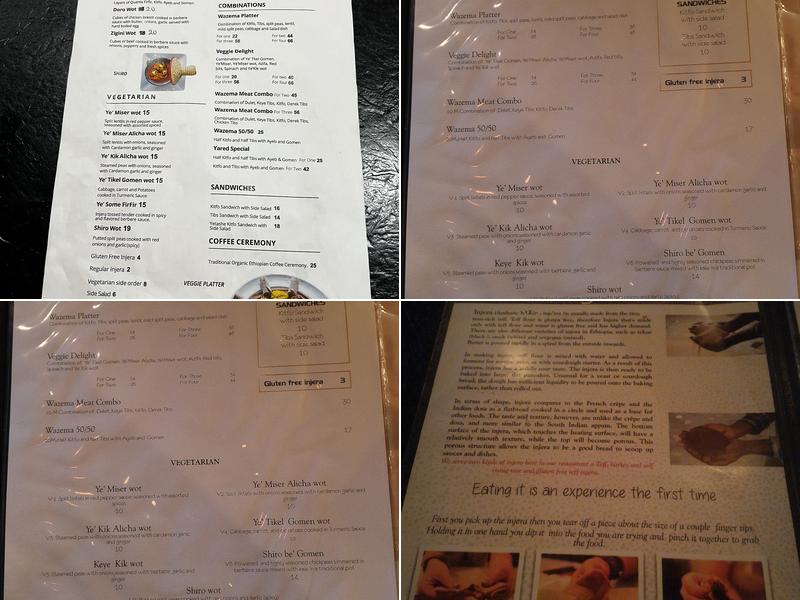 Wazema Ethiopian Restaurant Menu