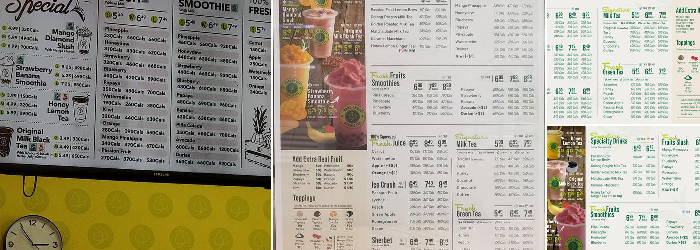 Real Fruit Bubble Tea Menu