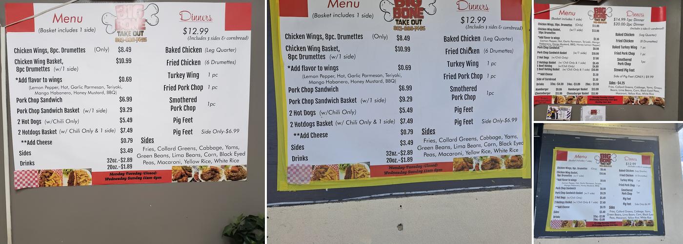 BIG BONE TAKE OUT Menu