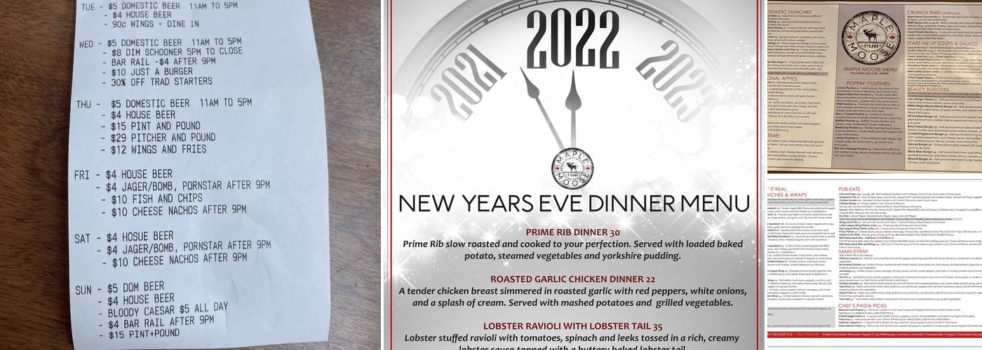 MAPLE MOOSE PUB Menu