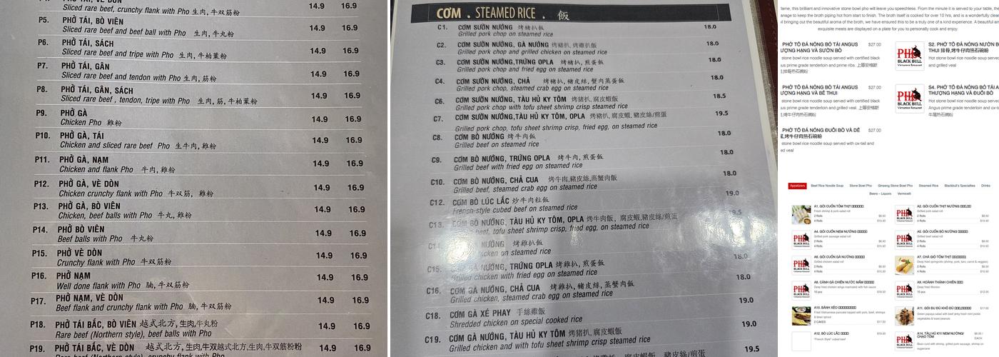 Pho Black Bull Menu