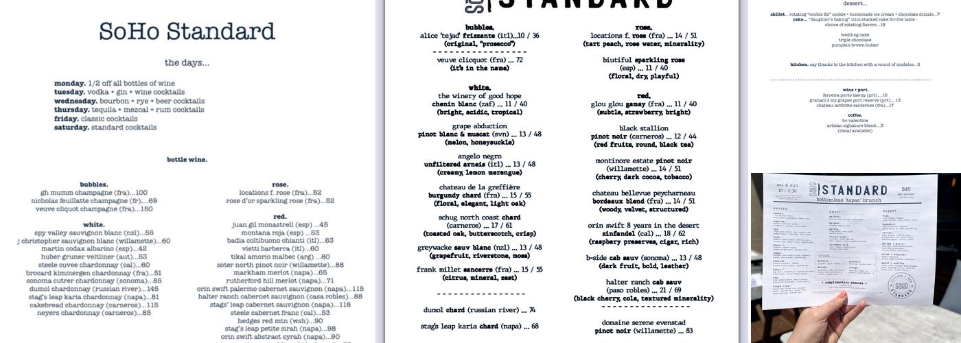 SoHo Standard Menu