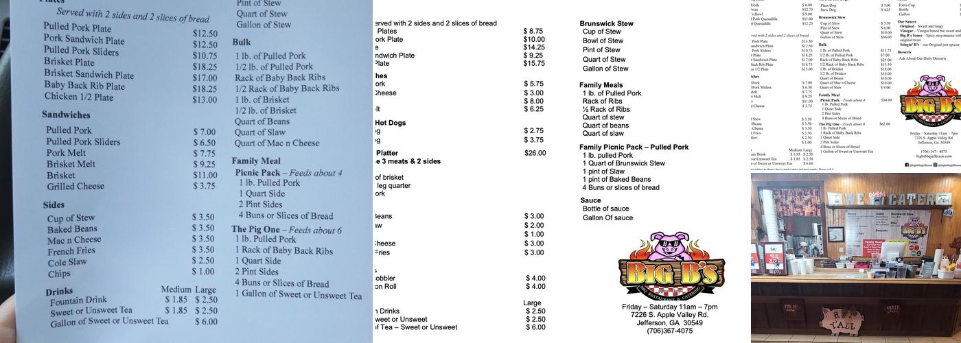 Big B's BBQ Restaurant and Catering Menu