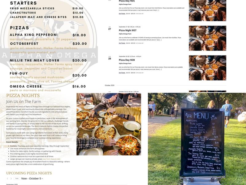Alpha and Omega Pizza Farm and Event Venue Menu