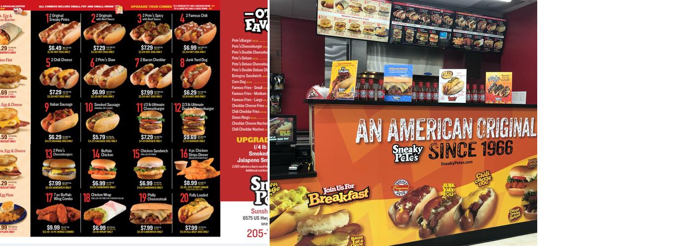 Sneaky Pete's. HotDogs & Hamburgers Breakfast, Lunch & Dinner Menu